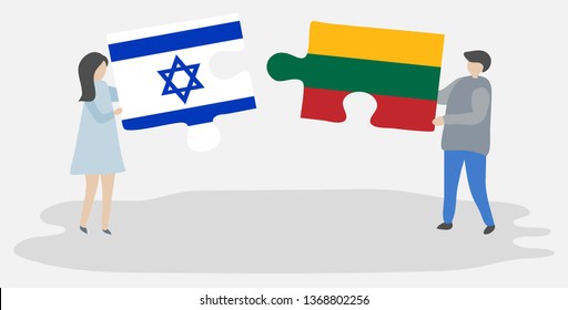 Couple holding two puzzles pieces with Israeli and Lithuanian flags. Israel and Lithuania national symbols together.