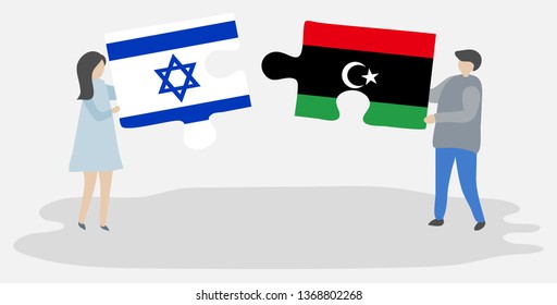 Couple holding two puzzles pieces with Israeli and Libyan flags. Israel and Libya national symbols together.