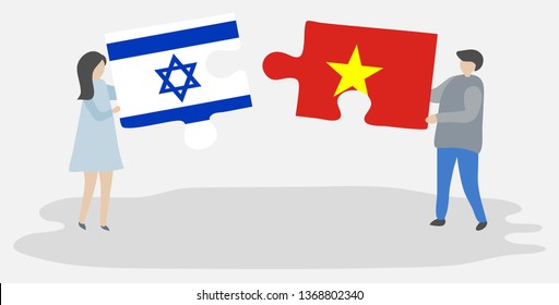 Couple holding two puzzles pieces with Israeli and Vietnamese flags. Israel and Vietnam national symbols together.