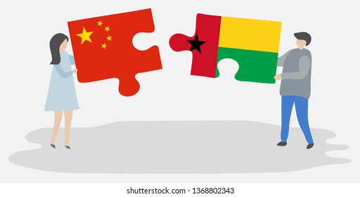 Couple holding two puzzles pieces with Chinese and Bissau-Guinean flags. China and Guinea-Bissau national symbols together.