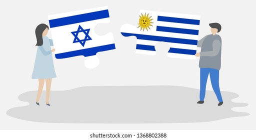 Couple holding two puzzles pieces with Israeli and Uruguayan flags. Israel and Uruguay national symbols together.
