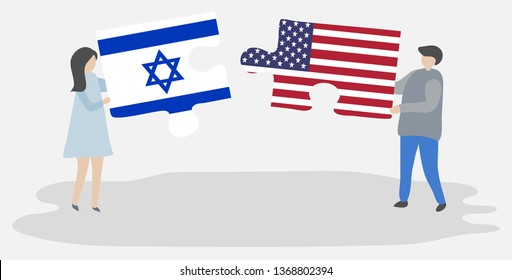 Couple holding two puzzles pieces with Israeli and American flags. Israel and United States of America national symbols together.