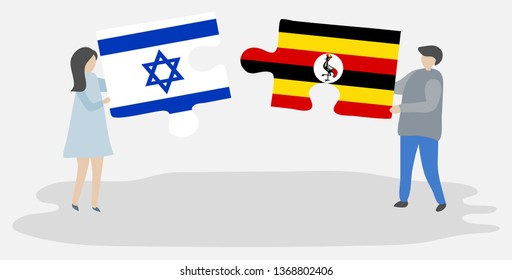 Couple holding two puzzles pieces with Israeli and Ugandan flags. Israel and Uganda national symbols together.