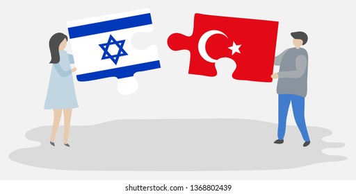 Couple holding two puzzles pieces with Israeli and Turkish flags. Israel and Turkey national symbols together.