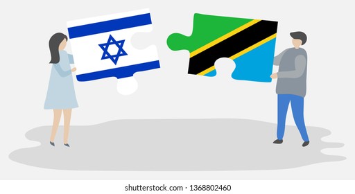 Couple holding two puzzles pieces with Israeli and Tanzanian flags. Israel and Tanzania national symbols together.