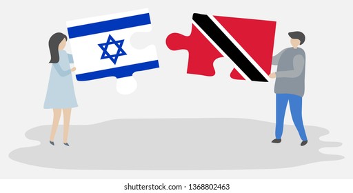 Couple holding two puzzles pieces with Israeli and Trinidadian flags. Israel and Trinidad and Tobago national symbols together.