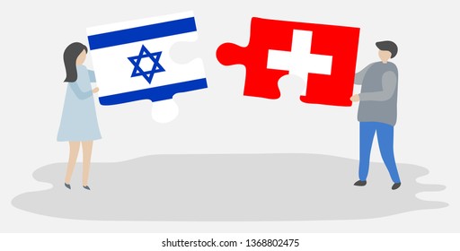 Couple holding two puzzles pieces with Israeli and Swiss flags. Israel and Switzerland national symbols together.