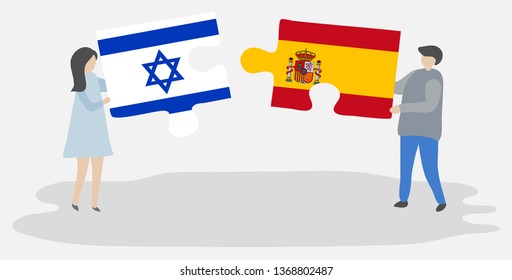 Couple holding two puzzles pieces with Israeli and Spanish flags. Israel and Spain national symbols together.