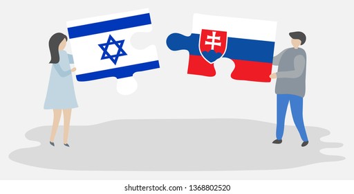 Couple holding two puzzles pieces with Israeli and Slovak flags. Israel and Slovakia national symbols together.