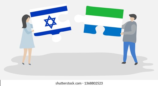 Couple holding two puzzles pieces with Israeli and Sierra Leonean flags. Israel and Sierra Leone national symbols together.