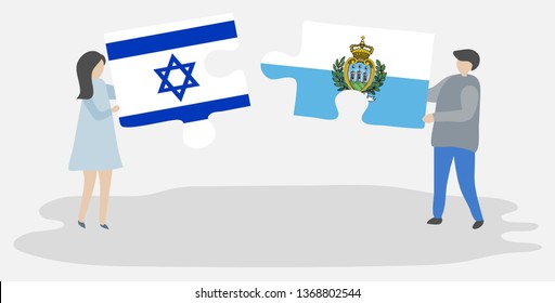 Couple holding two puzzles pieces with Israeli and Sammarinese flags. Israel and San Marino national symbols together.