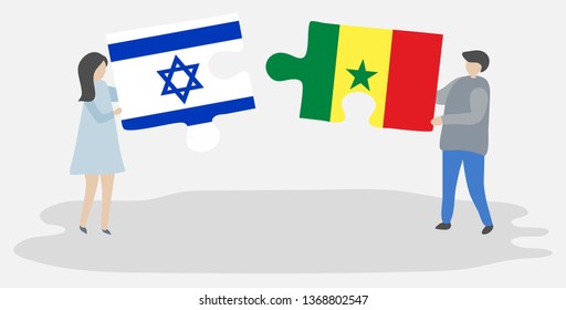 Couple holding two puzzles pieces with Israeli and Senegalese flags. Israel and Senegal national symbols together.