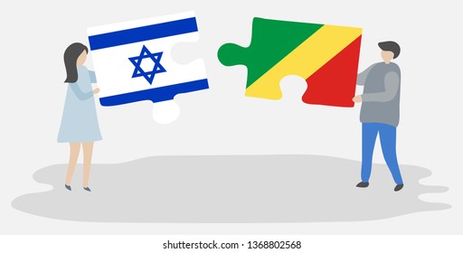 Couple holding two puzzles pieces with Israeli and Congolese flags. Israel and Republic of the Congo national symbols together.