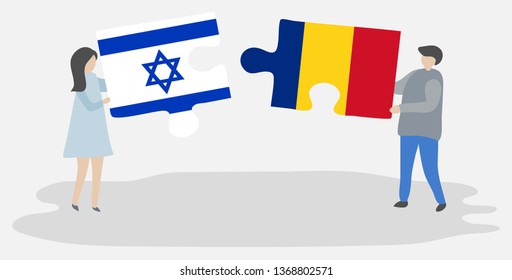 Couple holding two puzzles pieces with Israeli and Romanian flags. Israel and Romania national symbols together.