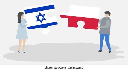 Couple holding two puzzles pieces with Israeli and Polish flags. Israel and Poland national symbols together.