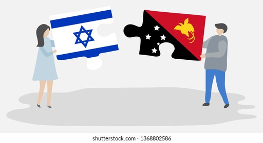 Couple holding two puzzles pieces with Israeli and Papuan flags. Israel and Papua New Guinea national symbols together.