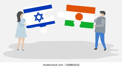 Couple holding two puzzles pieces with Israeli and Nigerien flags. Israel and Niger national symbols together.