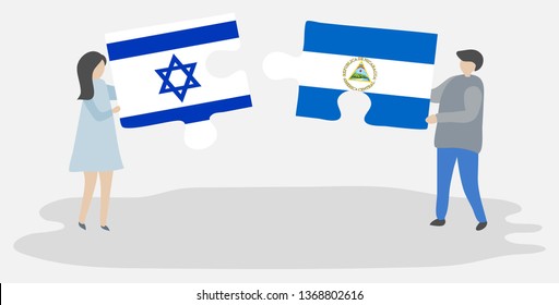 Couple holding two puzzles pieces with Israeli and Nicaraguan flags. Israel and Nicaragua national symbols together.