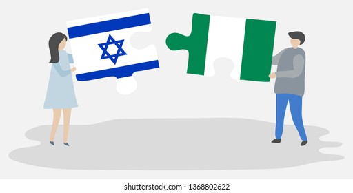 Couple holding two puzzles pieces with Israeli and Nigerian flags. Israel and Nigeria national symbols together.