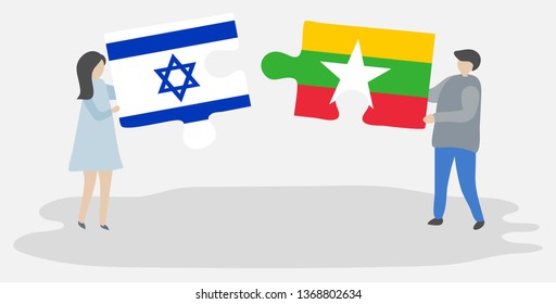 Couple holding two puzzles pieces with Israeli and Burmese flags. Israel and Myanmar national symbols together.