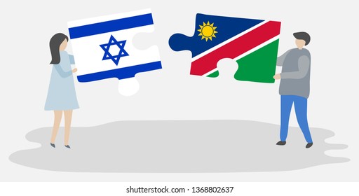 Couple holding two puzzles pieces with Israeli and Namibian flags. Israel and Namibia national symbols together.