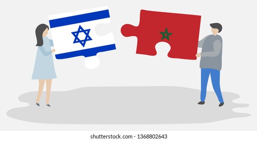 Couple holding two puzzles pieces with Israeli and Moroccan flags. Israel and Morocco national symbols together.