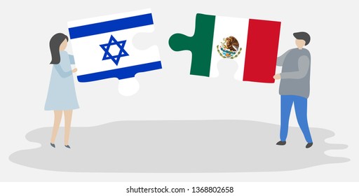 Couple holding two puzzles pieces with Israeli and Mexican flags. Israel and Mexico national symbols together.