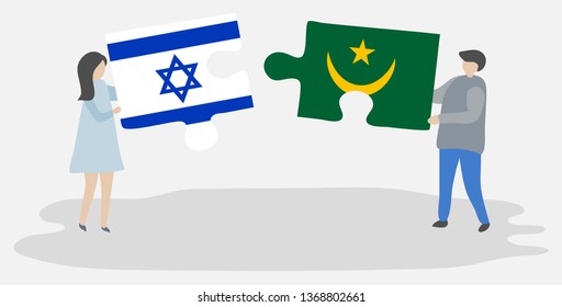 Couple holding two puzzles pieces with Israeli and Mauritanian flags. Israel and Mauritania national symbols together.
