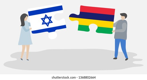 Couple holding two puzzles pieces with Israeli and Mauritian flags. Israel and Mauritius national symbols together.