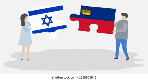 Couple holding two puzzles pieces with Israeli and Liechtenstein flags. Israel and Liechtenstein national symbols together.