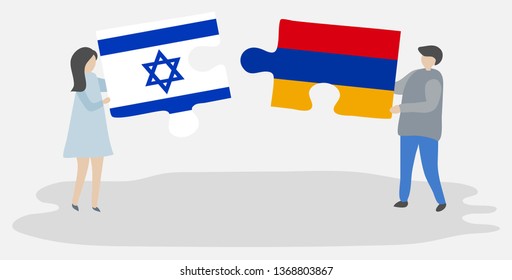 Couple holding two puzzles pieces with Israeli and Armenian flags. Israel and Armenia national symbols together.