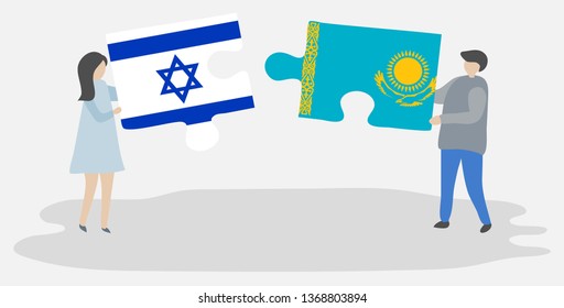 Couple holding two puzzles pieces with Israeli and Kazakh flags. Israel and Kazakhstan national symbols together.