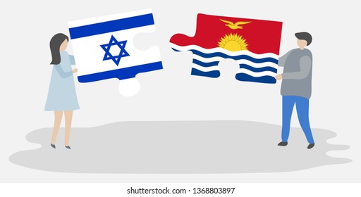 Couple holding two puzzles pieces with Israeli and I-Kiribati flags. Israel and Kiribati national symbols together.