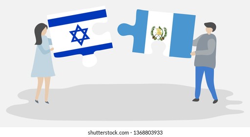 Couple holding two puzzles pieces with Israeli and Guatemalan flags. Israel and Guatemala national symbols together.