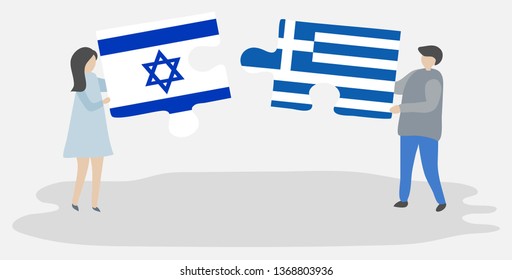 Couple holding two puzzles pieces with Israeli and Greek flags. Israel and Greece national symbols together.