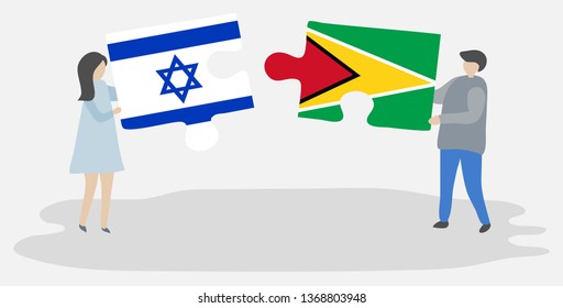 Couple holding two puzzles pieces with Israeli and Guyanese flags. Israel and Guyana national symbols together.
