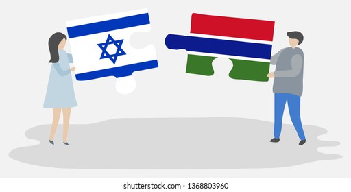 Couple holding two puzzles pieces with Israeli and Gambian flags. Israel and Gambia national symbols together.