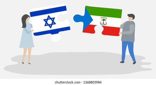 Couple holding two puzzles pieces with Israeli and Equatorial Guinean flags. Israel and Equatorial Guinea national symbols together.