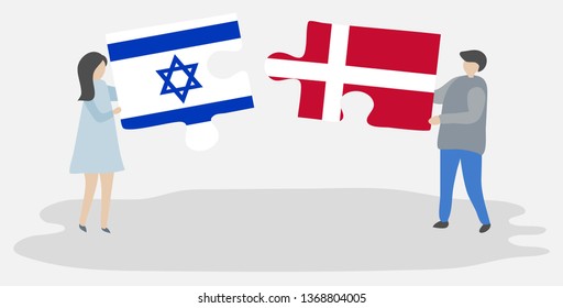 Couple holding two puzzles pieces with Israeli and Danish flags. Israel and Denmark national symbols together.