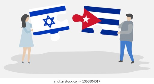 Couple holding two puzzles pieces with Israeli and Cuban flags. Israel and Cuba national symbols together.