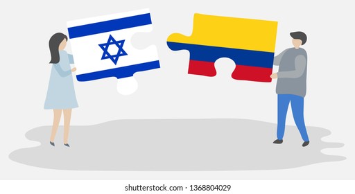 Couple holding two puzzles pieces with Israeli and Colombian flags. Israel and Colombia national symbols together.