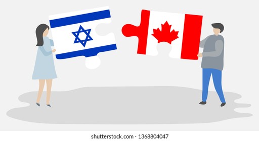 Couple holding two puzzles pieces with Israeli and Canadian flags. Israel and Canada national symbols together.