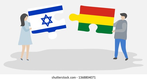 Couple holding two puzzles pieces with Israeli and Bolivian flags. Israel and Bolivia national symbols together.