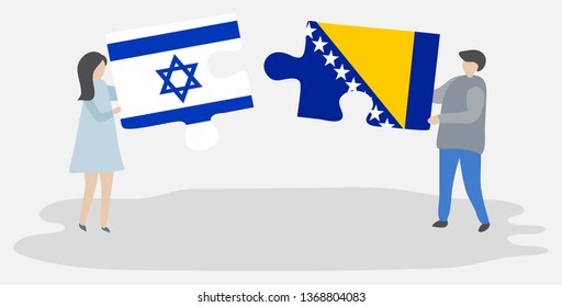 Couple holding two puzzles pieces with Israeli and Bosnian flags. Israel and Bosnia and Herzegovina national symbols together.