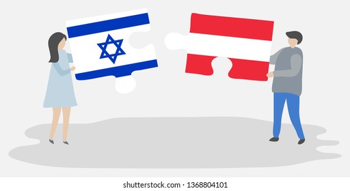 Couple holding two puzzles pieces with Israeli and Austrian flags. Israel and Austria national symbols together.