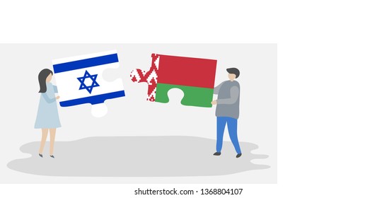 Couple holding two puzzles pieces with Israeli and Belarusian flags. Israel and Belarus national symbols together.