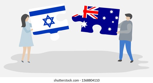 Couple holding two puzzles pieces with Israeli and Australian flags. Israel and Australia national symbols together.