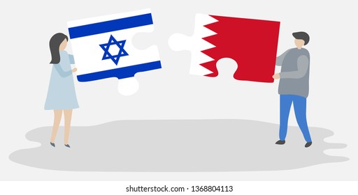 Couple holding two puzzles pieces with Israeli and Bahraini flags. Israel and Bahrain national symbols together.