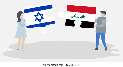 Couple holding two puzzles pieces with Israeli and Iraqi flags. Israel and Iraq national symbols together.
