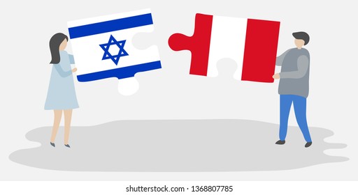 Couple holding two puzzles pieces with Israeli and Peruvian flags. Israel and Peru national symbols together.